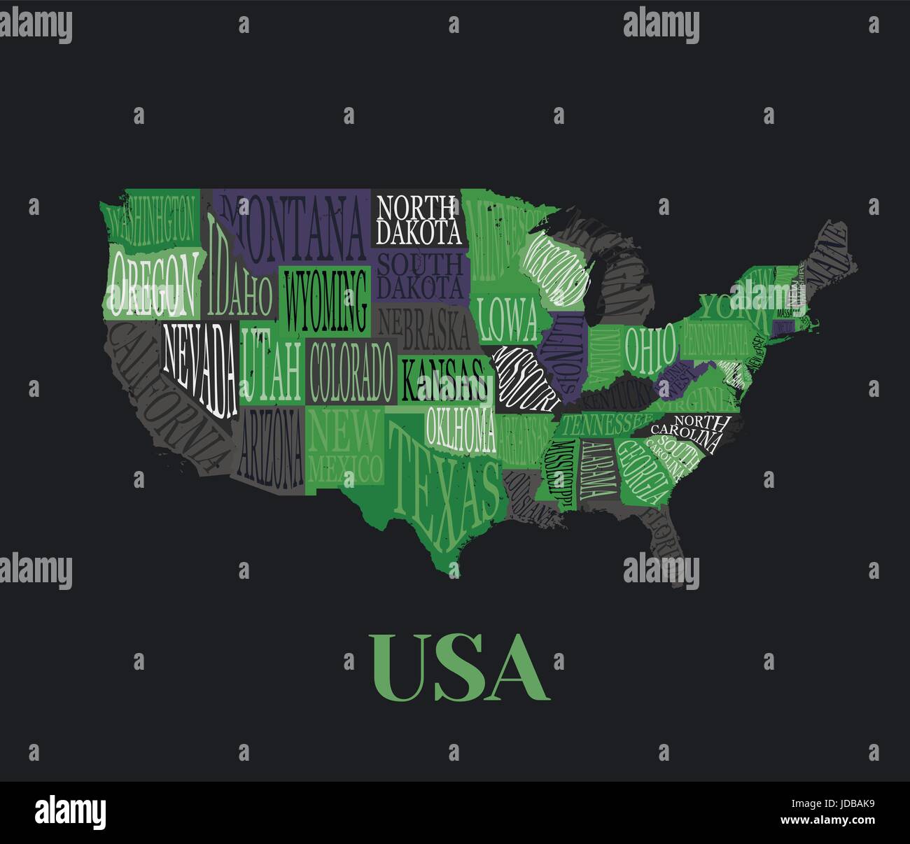 USA-Karte mit Staaten-bildlichen geographischen dekorative Poster von Amerika handgezeichnete Design für print-Wanddekoration Schriftzug. Einzigartige kreative typogr Stock Vektor