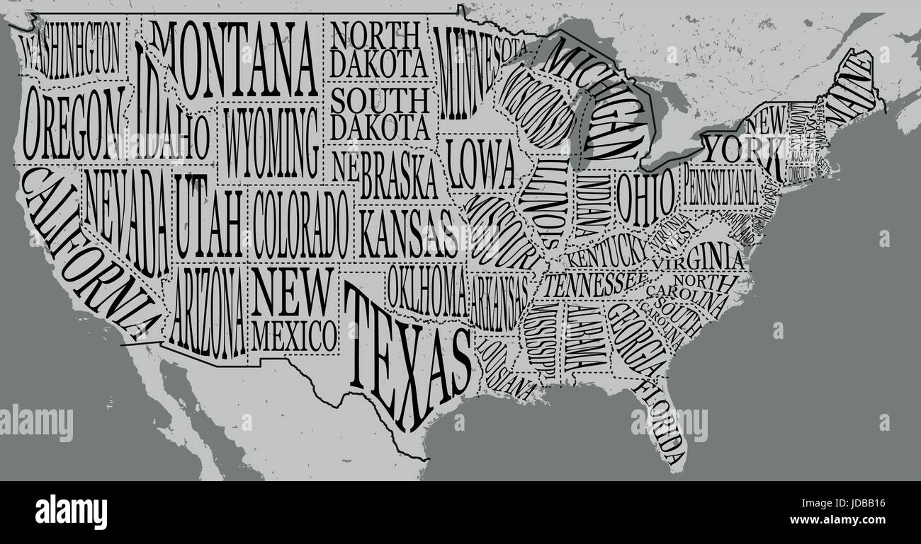 Hand gezeichnet Abbildung: USA-Karte mit Beschriftung Namen von Staaten und touristische Attraktionen. Reisen in die USA. Amerikanische Städte auf der monochro Stock Vektor