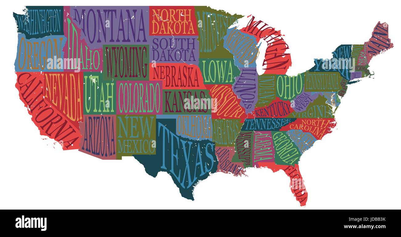 USA-Karte mit Staaten - bildliche geographischen Poster von Amerika, handgezeichneten Schrift Design für Wandschmuck, Reiseführer, drucken. Einzigartige kreative Stock Vektor