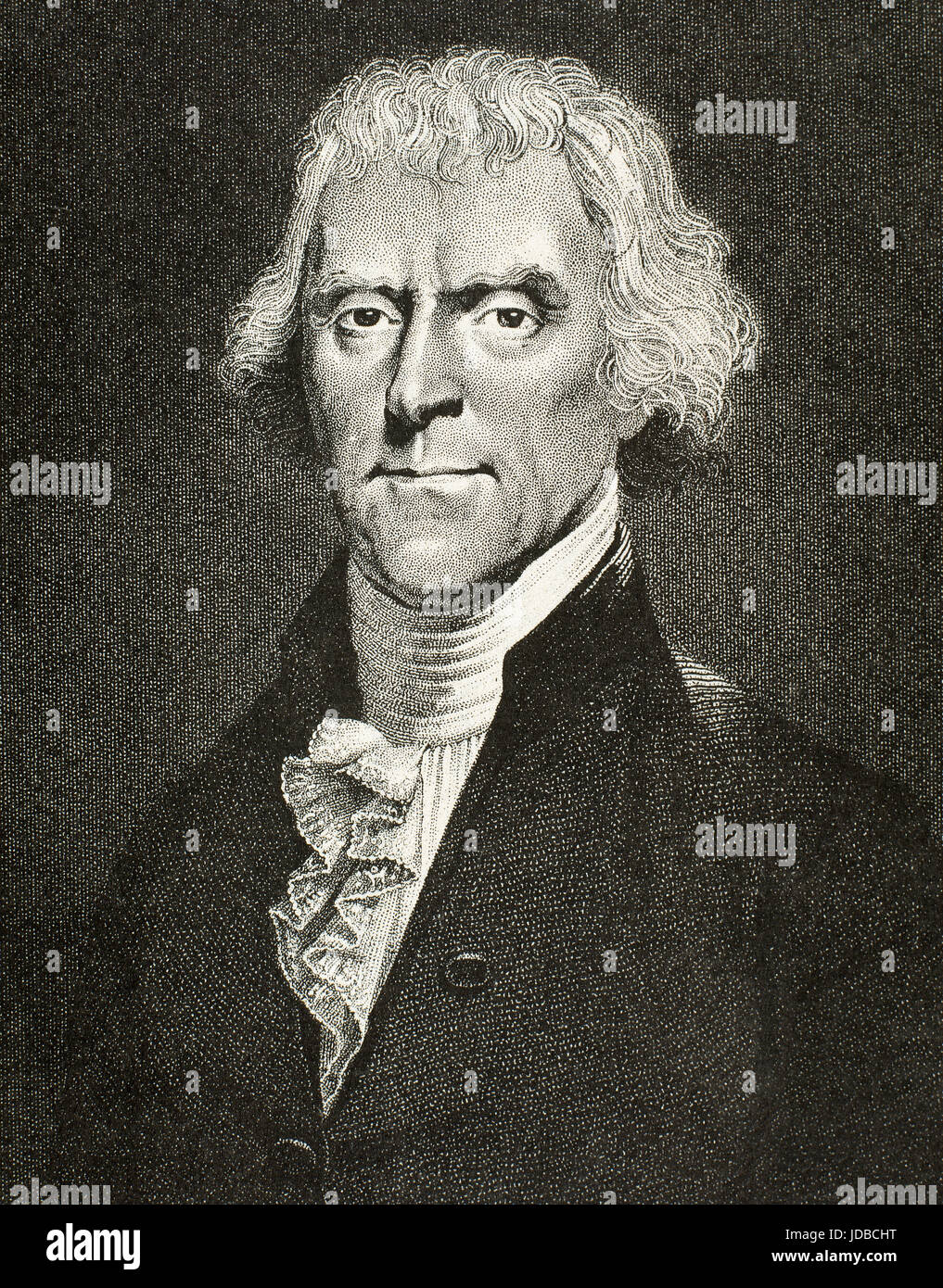Thomas Jefferson (1743-1826). US-amerikanischer Politiker. Ein amerikanischer Gründungsvater war der wichtigste Autor der Unabhängigkeitserklärung. Später diente als der dritte Präsident der Vereinigten Staaten von 1801 bis 1809. Porträt. Gravur. Stockfoto