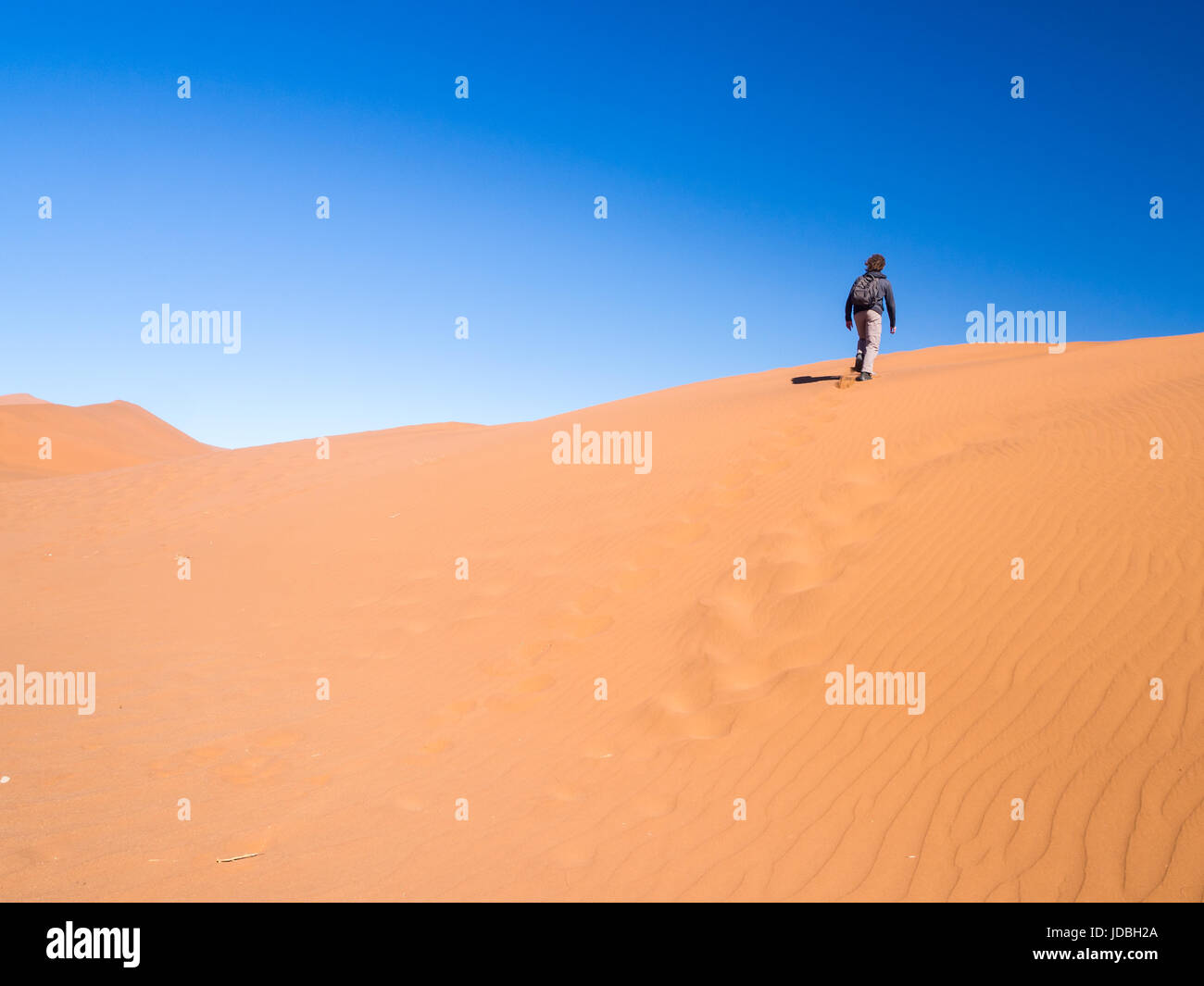 Person zu Fuß zum Dead Vlei in Namib-Naukluft-Nationalpark auf der Namib-Wüste, Namibia. Stockfoto