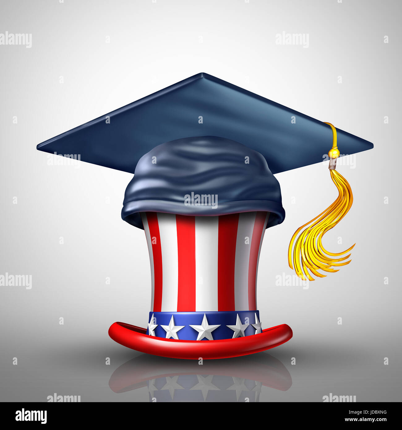 Bildung in den Vereinigten Staaten für den privaten und öffentlichen Schulen als Mörtel Board oder Graduierung Kappe auf einer amerikanischen Sterne und Streifen Zylinderhut. Stockfoto