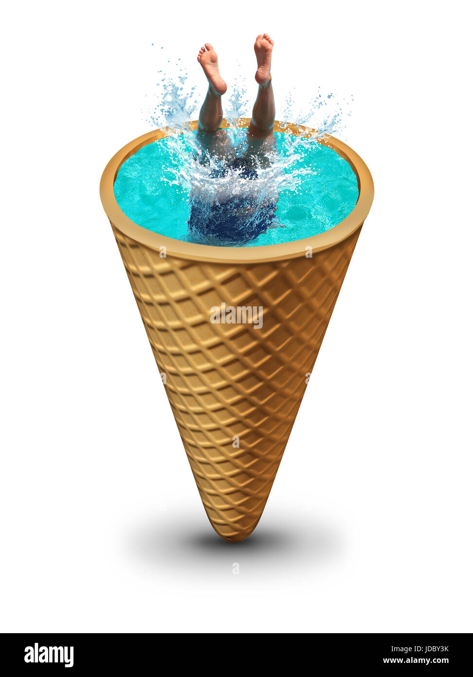 Sommer Pool Spaß wie ein Mensch Tauchen ins erfrischende Wasser macht einen Sprung in eine Eiswaffel als surrealistische Symbol für die heiße Jahreszeit. Stockfoto