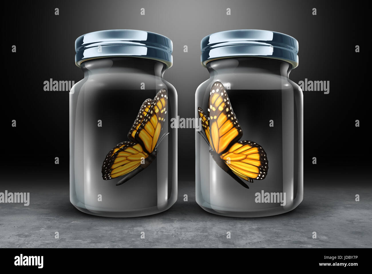 Hindernisse für die Kommunikation und physikalische Barriere Konzept als zwei Schmetterlinge in separaten geschlossenen Glas als ein Gläser als 3D Darstellung. Stockfoto