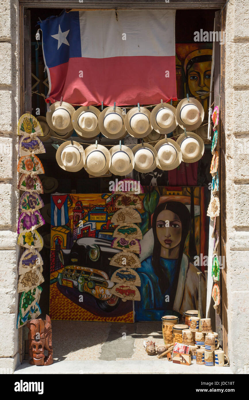 Shop, Verkauf von Kunsthandwerk, La Habana Vieja, UNESCO-Weltkulturerbe, Havanna, Kuba Stockfoto