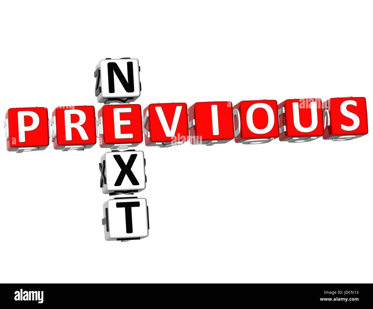 3D vorherige nächste Kreuzworträtsel auf weißem Hintergrund Stockfoto