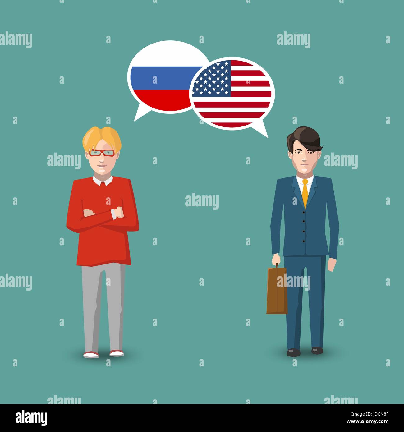 Zwei Menschen mit weißen Sprechblasen mit Russland und den USA Flaggen. Sprache Studie Concept illustration Stock Vektor