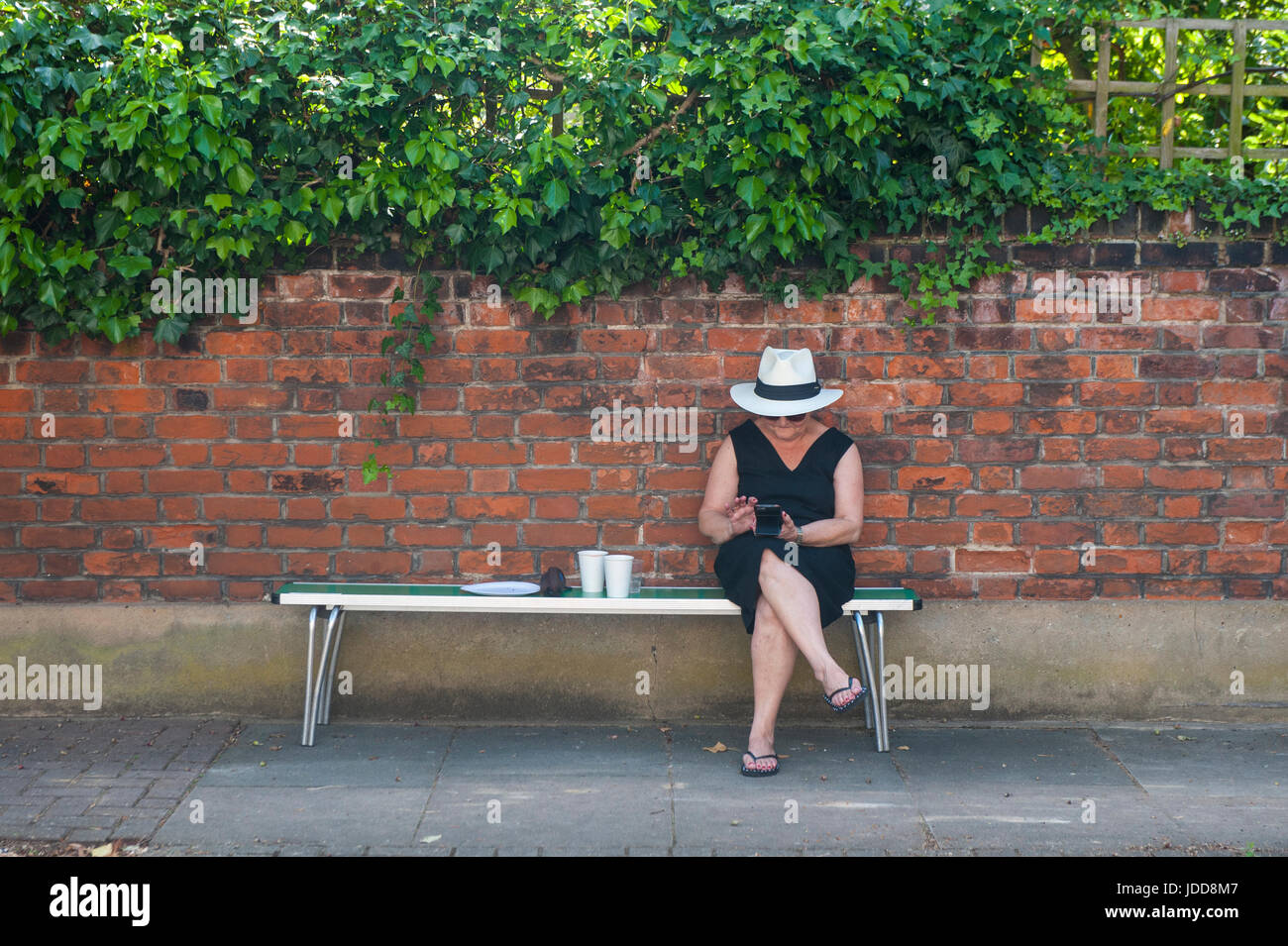 Eine elegante Dame sendet einen Text in der Sommersonne Stockfoto