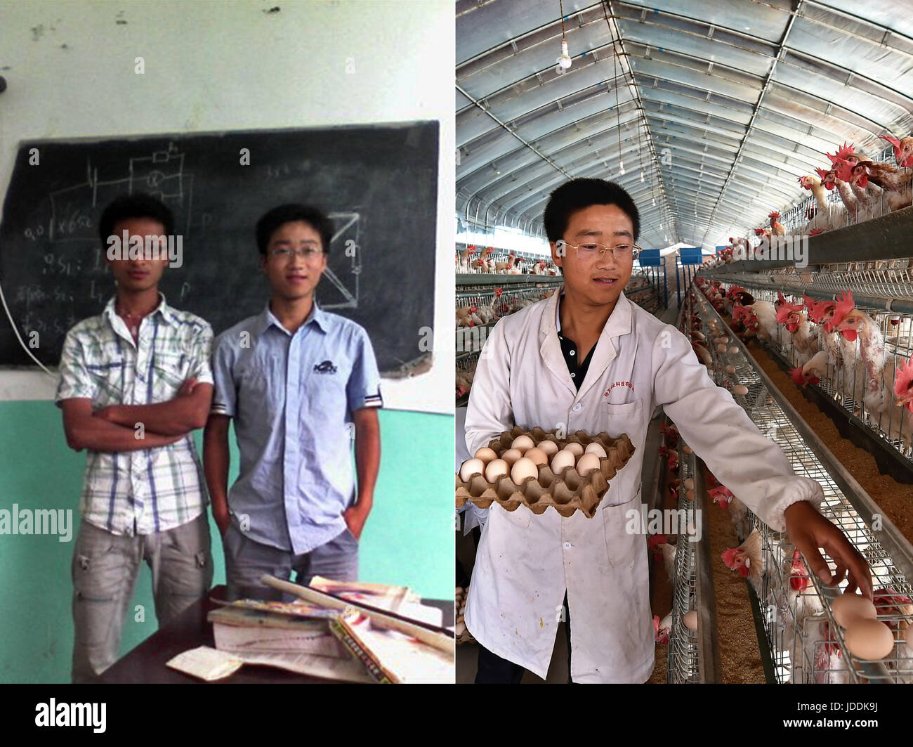 (170620)--TAIYUAN, 20. Juni 2017 (Xinhua)--Combo Foto posieren für Fotos als Wu Xuefeng (R) zeigt auf dem Bauernhof Praktikant vor einigen Jahren (L) und Wu sammeln von Eiern an ein Huhn in Zhuanwa Dorf von Lyuliang Stadt, Nord-China Shanxi Provinz, 2. Juni 2016. Wu, der im Jahr 2013 aus Tianjin Bodenressourcen und Haus Vocational College absolvierte, kehrte in seine Heimatstadt und organisiert die Dorfbewohner, die Hühnerfarm zu öffnen. Jetzt wurden mehr als 13.000 Hühner in der Hühnerfarm erhöht und der Gewinn konnte 20.000 Yuan (2.929 US-Dollar) pro Monat erreichen. Viele chinesische Absolventen verlassen Campus und sta Stockfoto