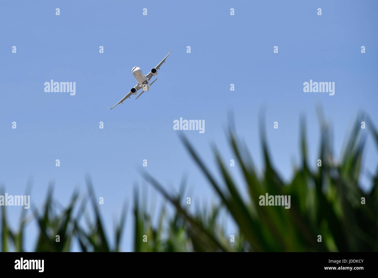 Paris, Frankreich. 19. Juni 2017. Eine Flugzeug der Airbus A321NEO führt während einer Flugvorführung bei der 52. International Paris Air und Space Show in Le Bourget bei Paris, Frankreich, am 19. Juni 2017 statt. Die 52. International Paris Air und Space Show startete am Montag die Spitzentechnologie von heute und die Zukunft der Luft- und Raumfahrt-Industrie zu präsentieren. Bildnachweis: Chen Yichen/Xinhua/Alamy Live-Nachrichten Stockfoto