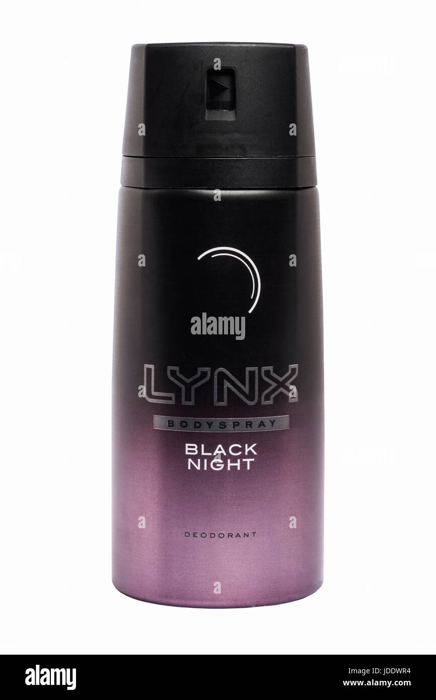 Eine Dose Lynx Black Night Bodyspray auf weißem Hintergrund Stockfoto