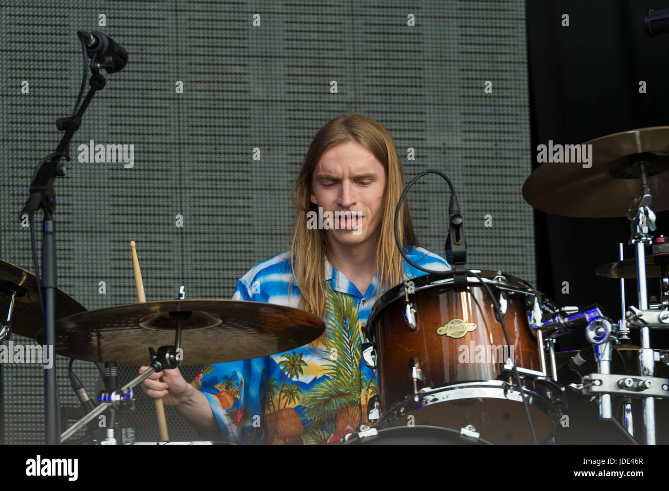 Thornhill, Schottland, UK - 27. August 2016: Shaun Hood der schottischen Band, The Van T, die live auf der Hauptbühne auf elektrische Felder Stockfoto