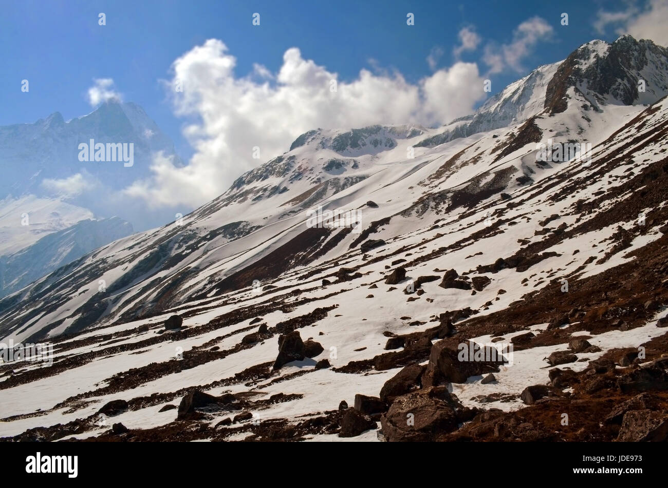 Verschneite Berglandschaft im Himalaya. Annapurna Base Camp-Track. Stockfoto