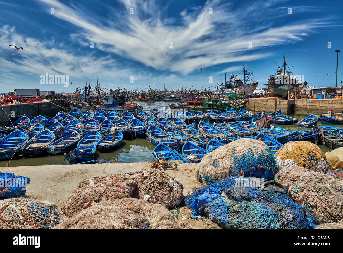 Rudern Angelboote/Fischerboote im Hafen von Essaouira, UNESCO-Weltkulturerbe, Essaouira, Marokko, Afrika Stockfoto