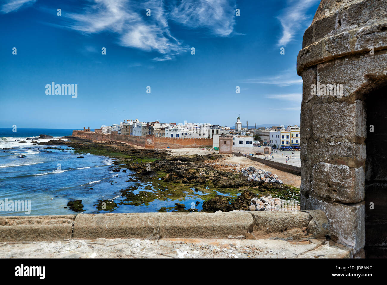 Wall und historische Medina von Essaouira gesehen von Ozean Website, UNESCO World Heritage Site, Marokko, Südafrika Stockfoto