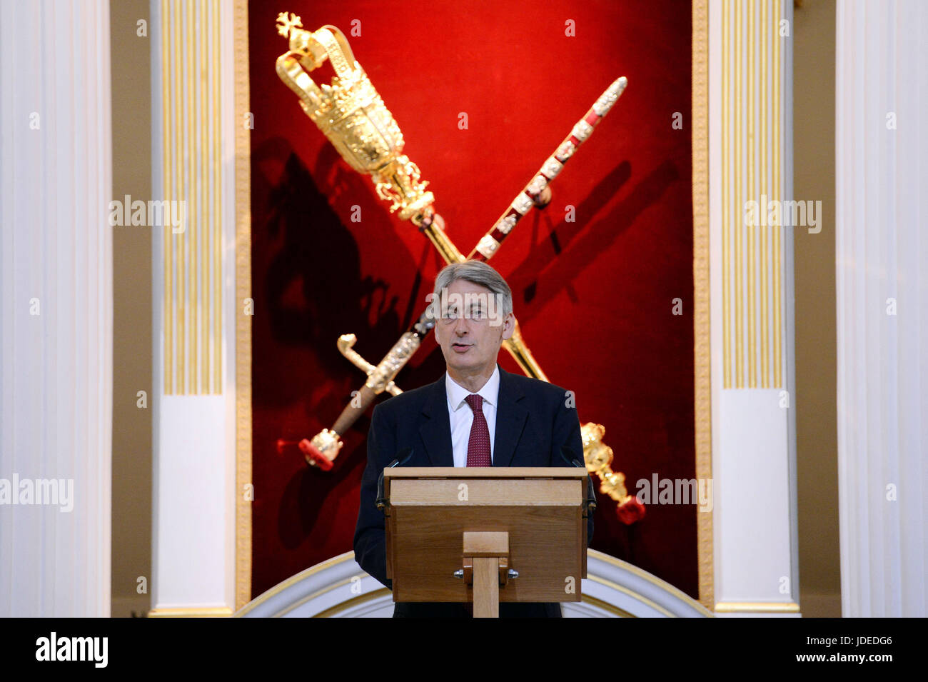 Kanzler des Finanzministeriums Philip Hammond liefert Keynote-Rede an Stadtführer im Mansion House in der Londoner City. Stockfoto