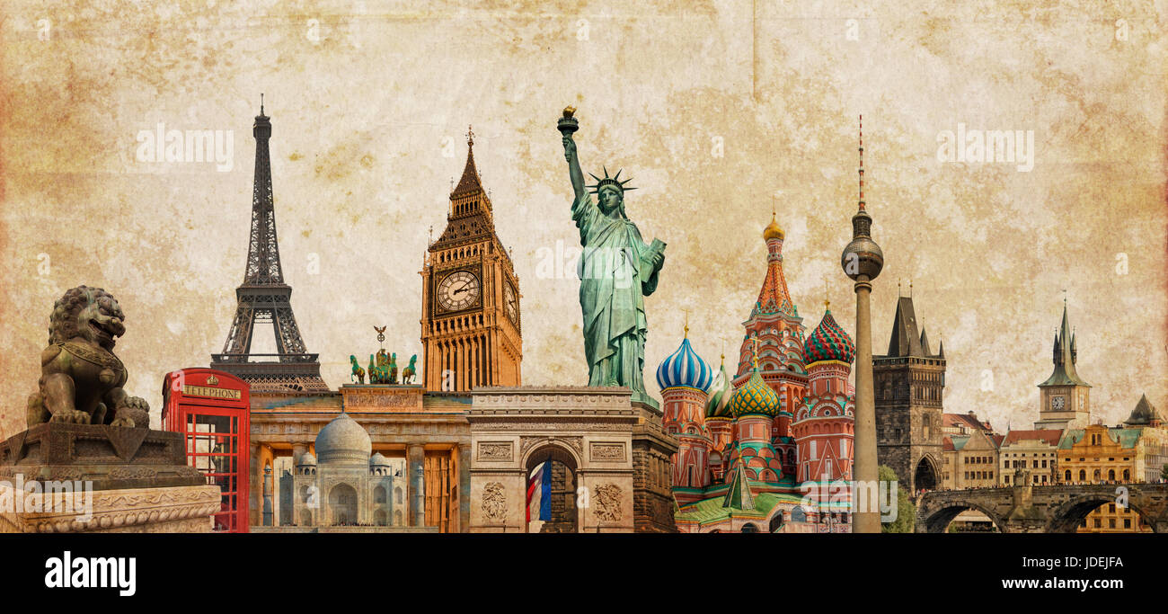 Welt Wahrzeichen Fotohintergrund Collage auf Vintage Sepia Tes texturiert, Reisen, Tourismus und Studie rund um die Welt-Konzept, alte Ansichtskarte Stockfoto