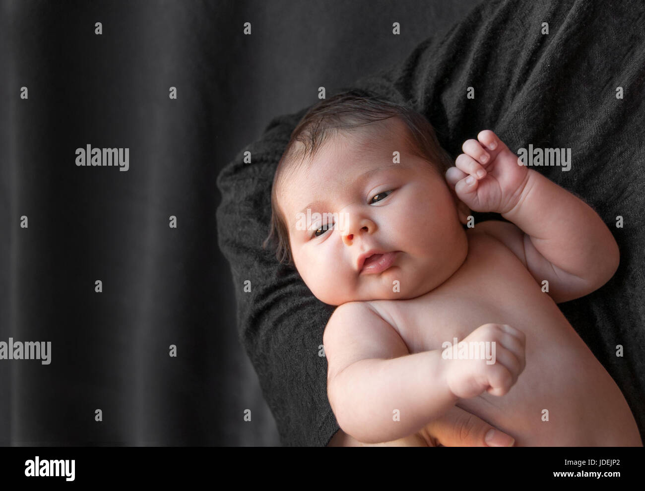 Neugeborenes Baby auf einem schwarzen Hintergrund.  Baby in Mutters Hand ruhen. Neugeborenen-Konzept und das Konzept einer jungen Familie Stockfoto