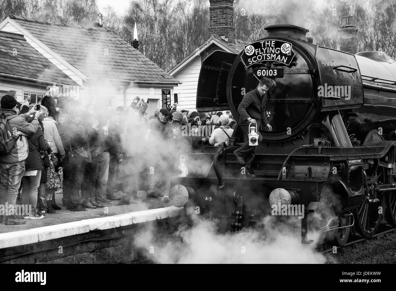 Die Flying Scotsman Zug am Bahnhof Grosmont in North Yorkshire, England, UK Stockfoto