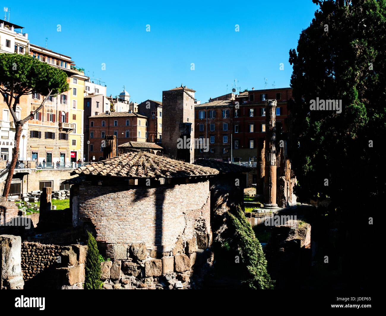 Largo di Torre Argentina ist ein Platz in Rom, die vier republikanische römische Tempel und die Überreste des Pompeius Theaters hostet. Stockfoto