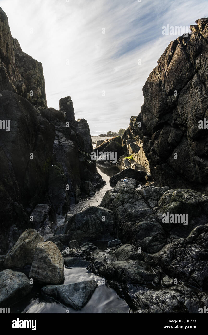 Die heißen Quellen von Hot Springs Cove, Maquinna Marine Provincial Park.  Die heißen Quellen fließen von einer Ebene zur nächsten immer kühler als die frische Spri Stockfoto