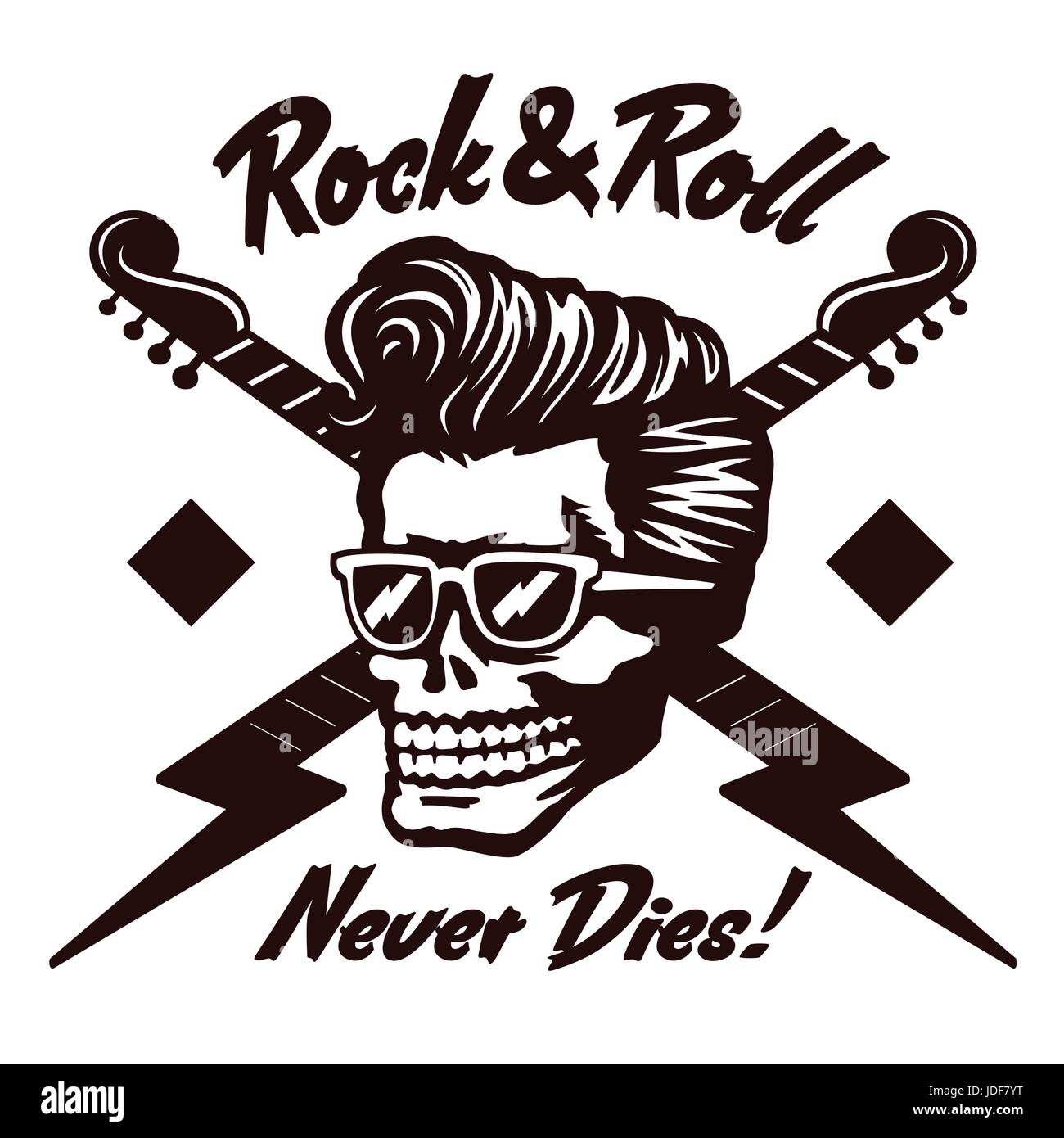 Rock'n'Roll stirbt nie! Skull zombie Kopf mit rockabilly Pomp Frisur und Sonnenbrille Vector Illustration Stock Vektor