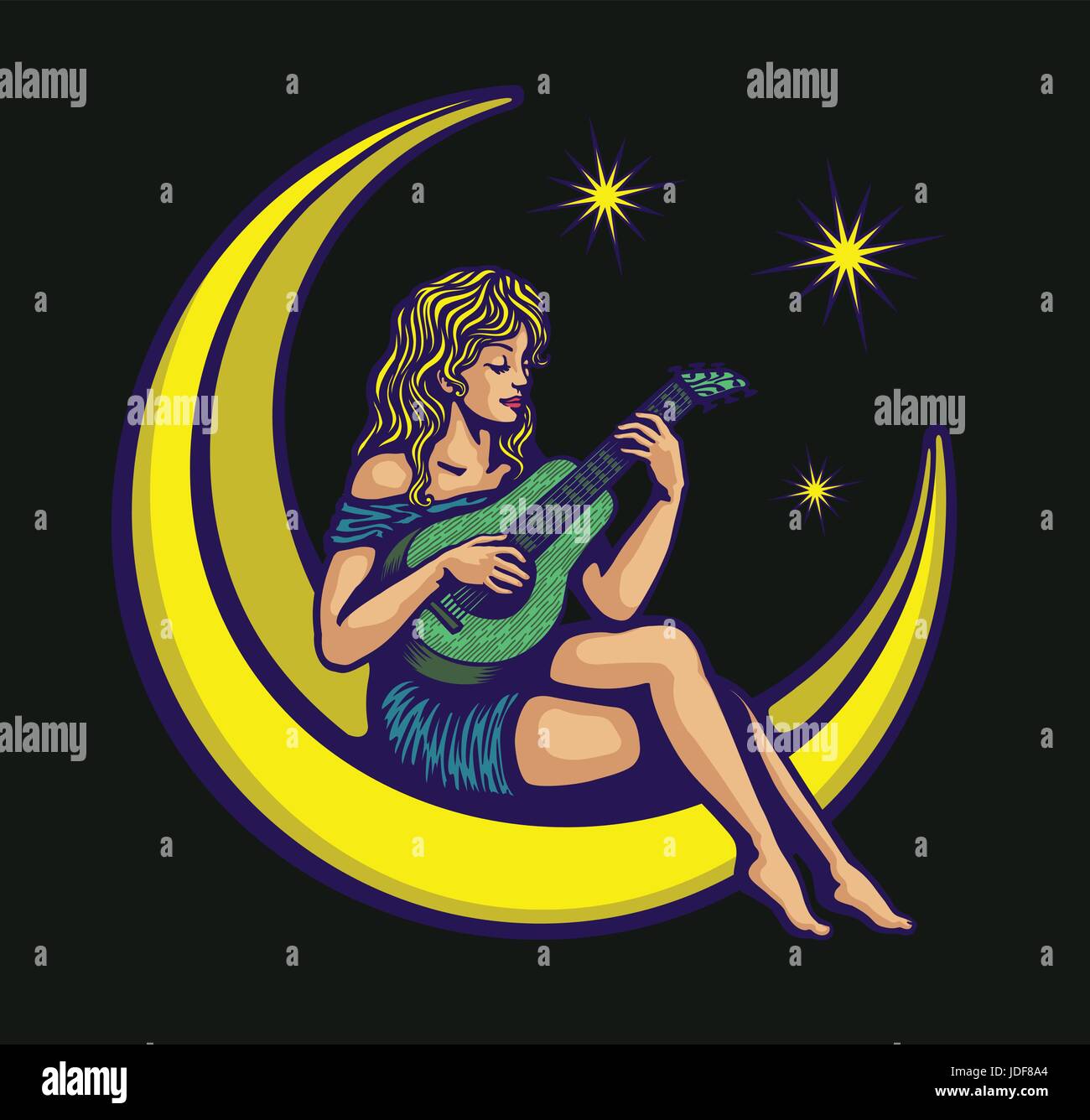 Moonlight Serenade, niedlich naiv Pin up Girl Gitarre spielen Schlaflied sitzen auf Halbmond Vector Illustration Stock Vektor