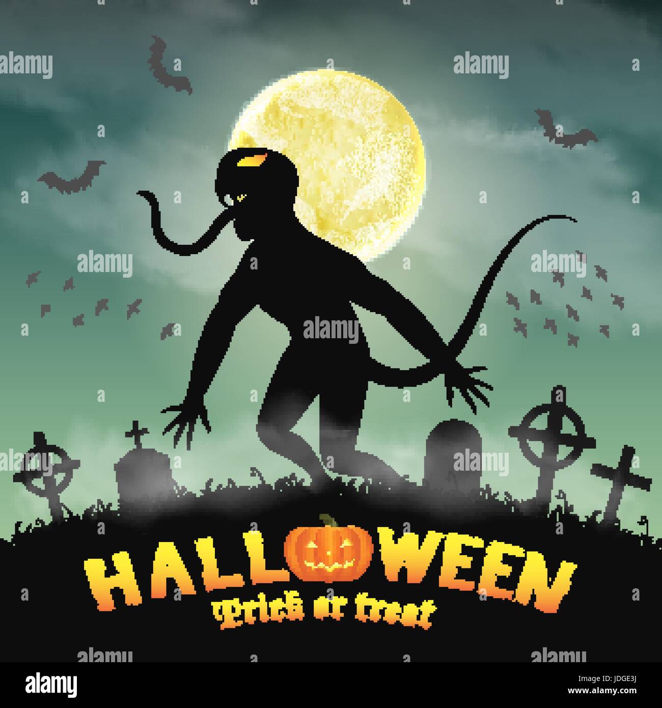 Halloween-Silhouette-Monster in einem Nacht-Friedhof Stock Vektor