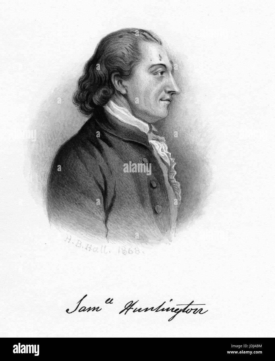 Gravierte Portrait von Samuel Huntington, Unterzeichner der Unabhängigkeitserklärung und Konföderationsartikel, die als der 7. Präsident des Kontinentalkongresses, 1868 diente. Von der New York Public Library. Stockfoto