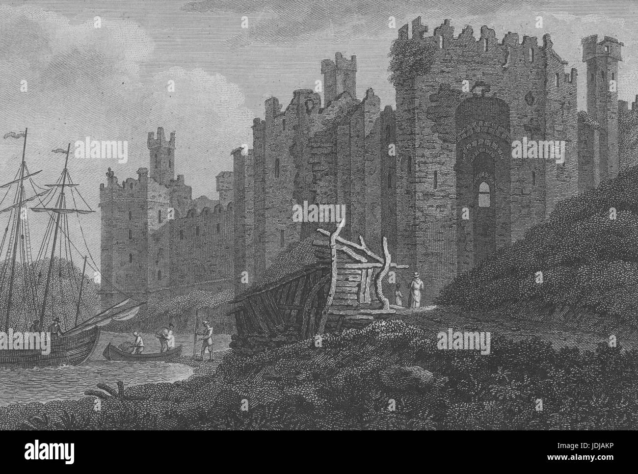 Kupferstich von der Außenseite des Caernarfon Castle, eine mittelalterliche Festung in der Stadt Caernarfon, Wales, 1800. Von der New York Public Library. Stockfoto