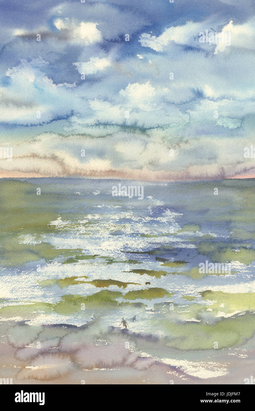 Aquarell Meereswellen und Wolken Stockfoto