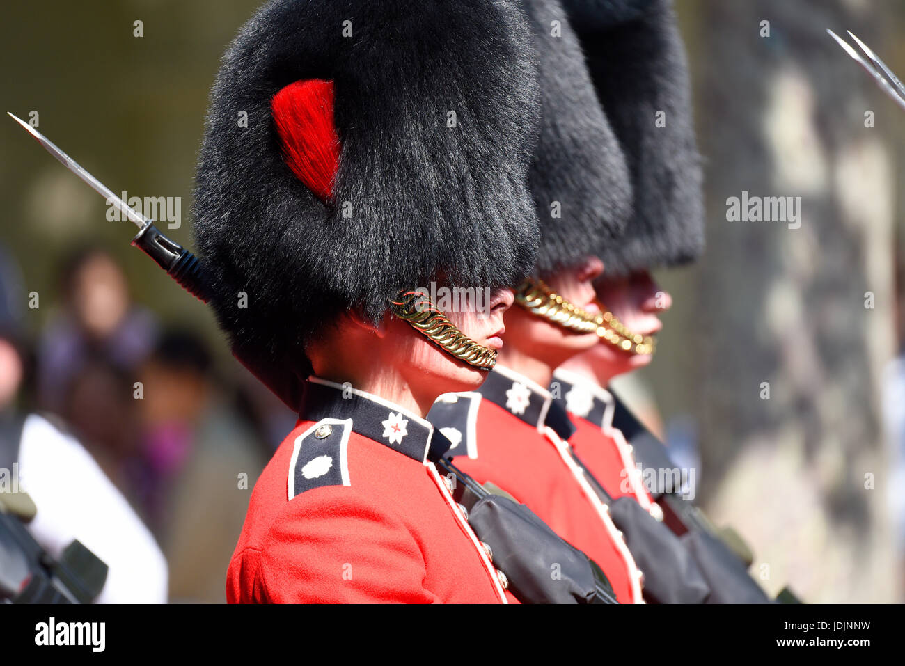 Coldstream Guards marschieren während der Trooping the Colour 2017 in der Mall, London, Großbritannien Stockfoto