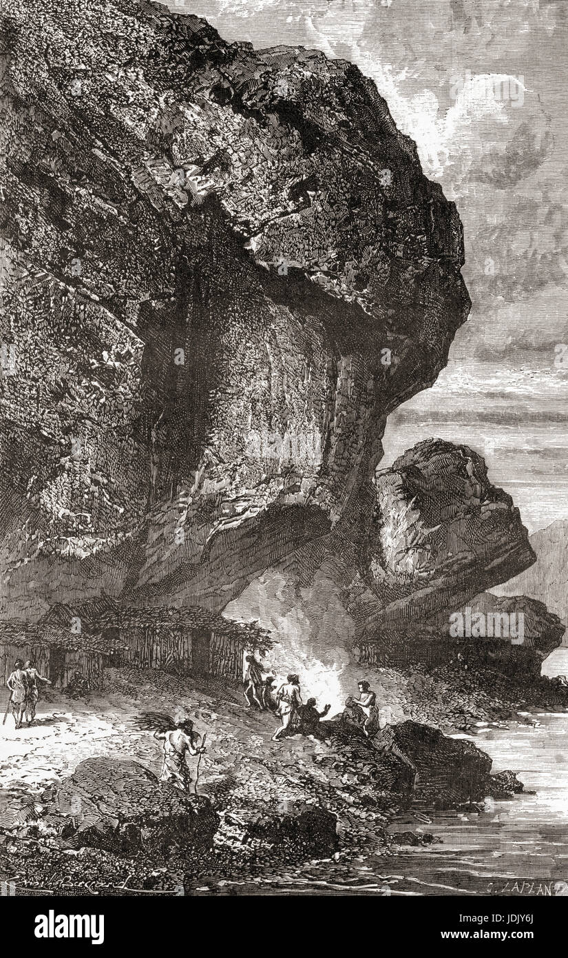 Neandertaler unter dem Felsen Schutz des Bruniquel Cave, Frankreich in prähistorischer Zeit.  L ' Homme Primitif veröffentlichte 1870. Stockfoto