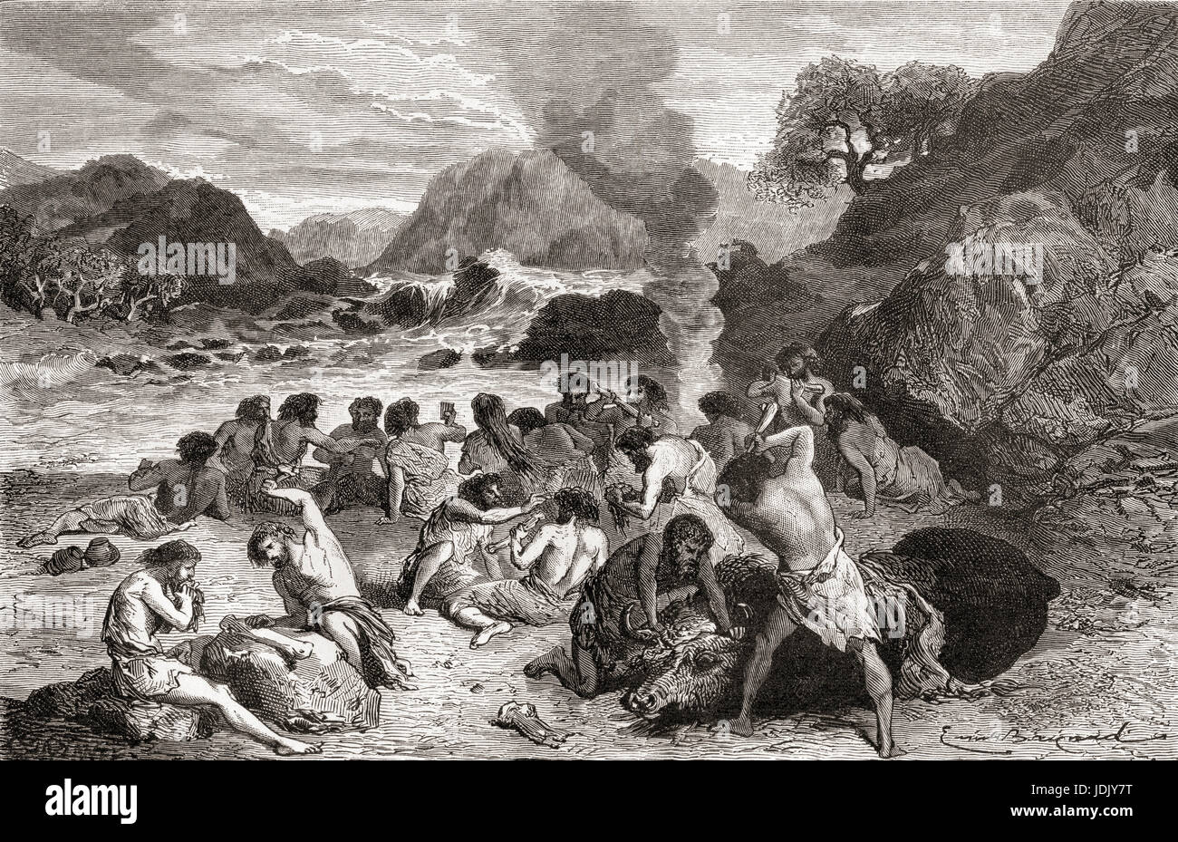 Neandertaler Schlemmen auf ihre Tötung in der prähistorischen Zeit. L ' Homme Primitif veröffentlichte 1870. Stockfoto
