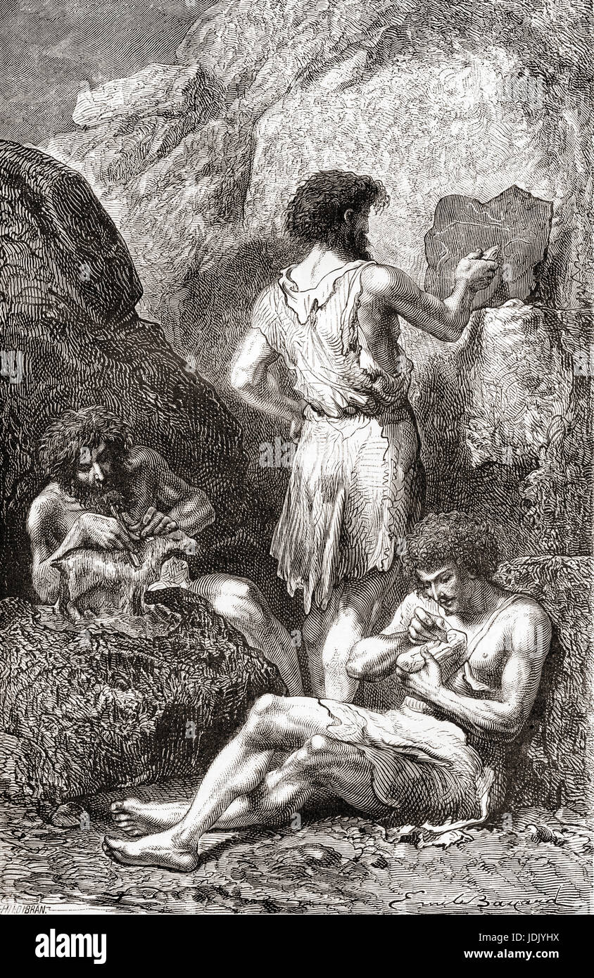 Neandertaler, Bildhauerei und Zeichnung an den Wänden ihrer Höhlen in der prähistorischen Zeit.  L ' Homme Primitif veröffentlichte 1870. Stockfoto