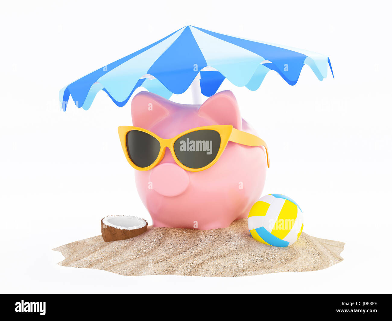 Sparschwein am Strand im Sommer, Urlaub Stockfoto