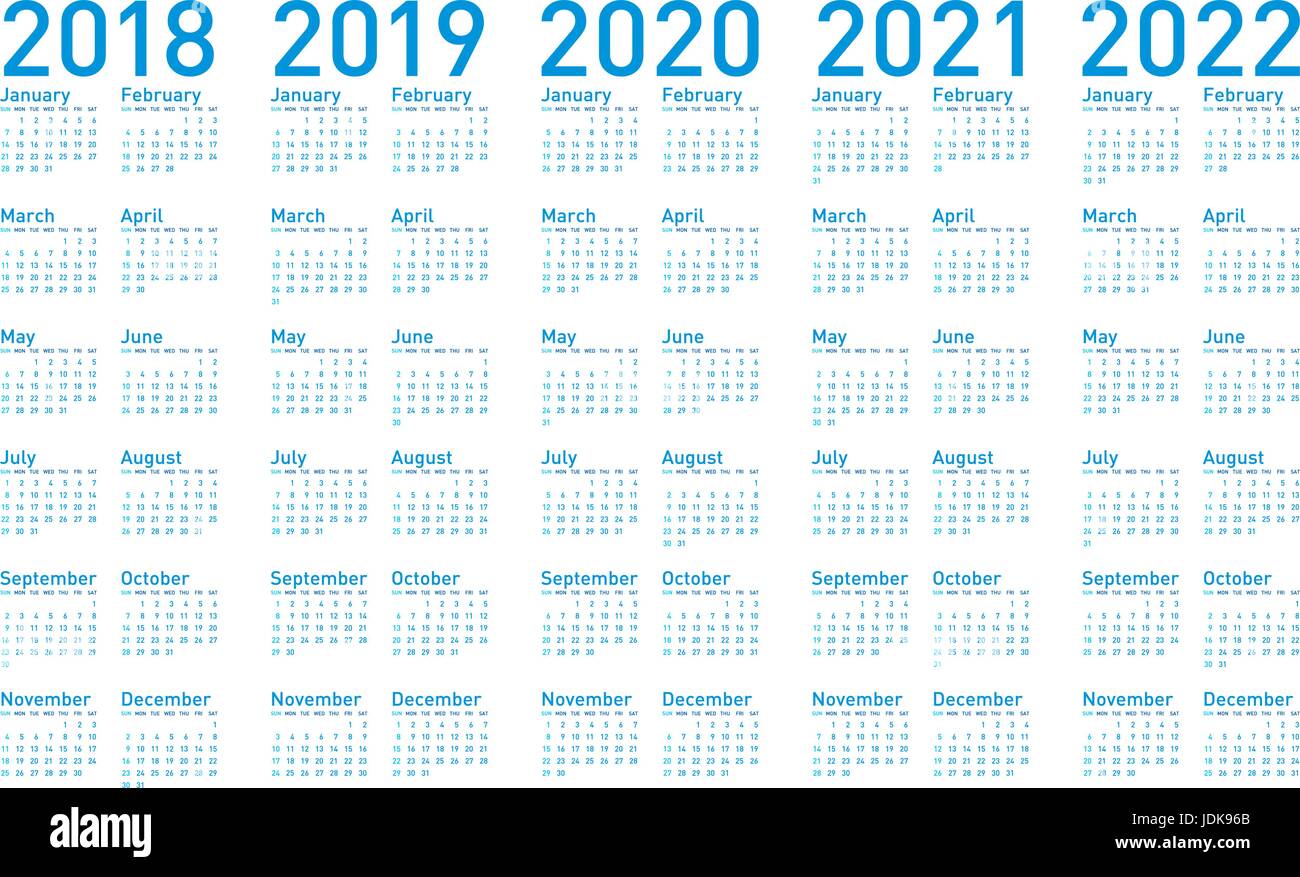 Einfache blaue Kalender seit Jahren 2018,2019, 2020, 2021 und 2022 in Vektoren. Stock Vektor