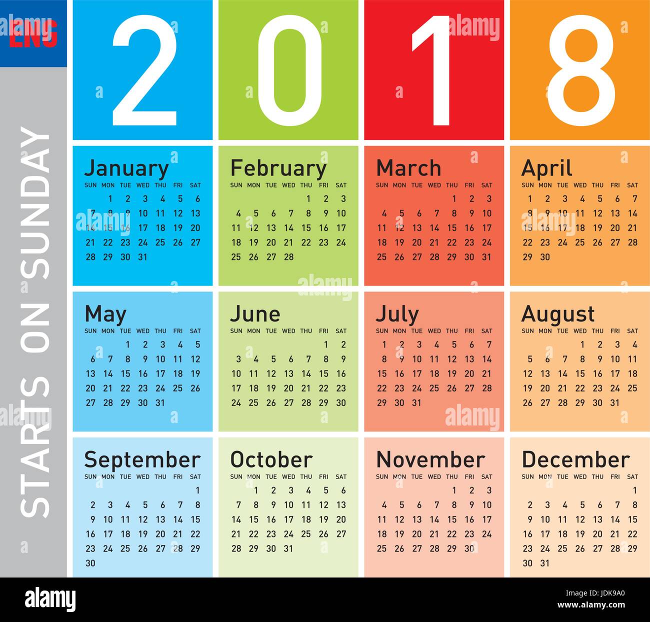 Bunten Kalender für das Jahr 2018, in englischer Sprache. Woche beginnt