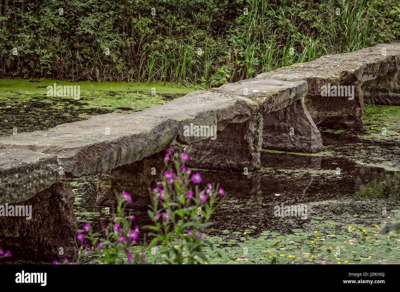 Steinbrücke im Teich an der Nostell Priory in England Stockfoto