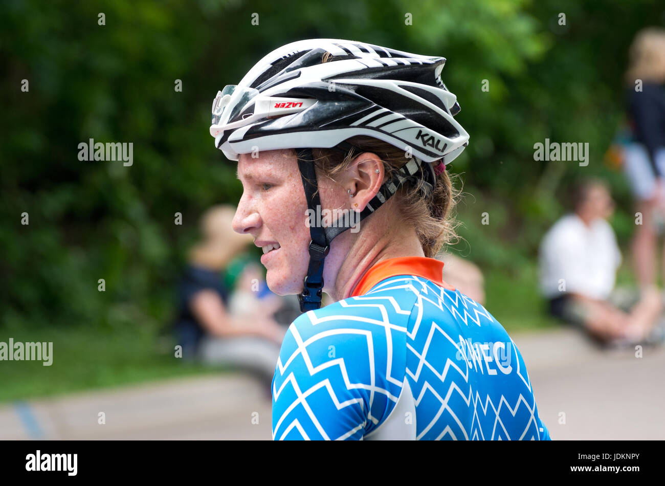 Profil von pro Radfahrer-Lilie, die Williams nach Abschluss sie Stillwater Criterium der Endphase des Nordsternes grand Prix pro Rad Rennen Stockfoto