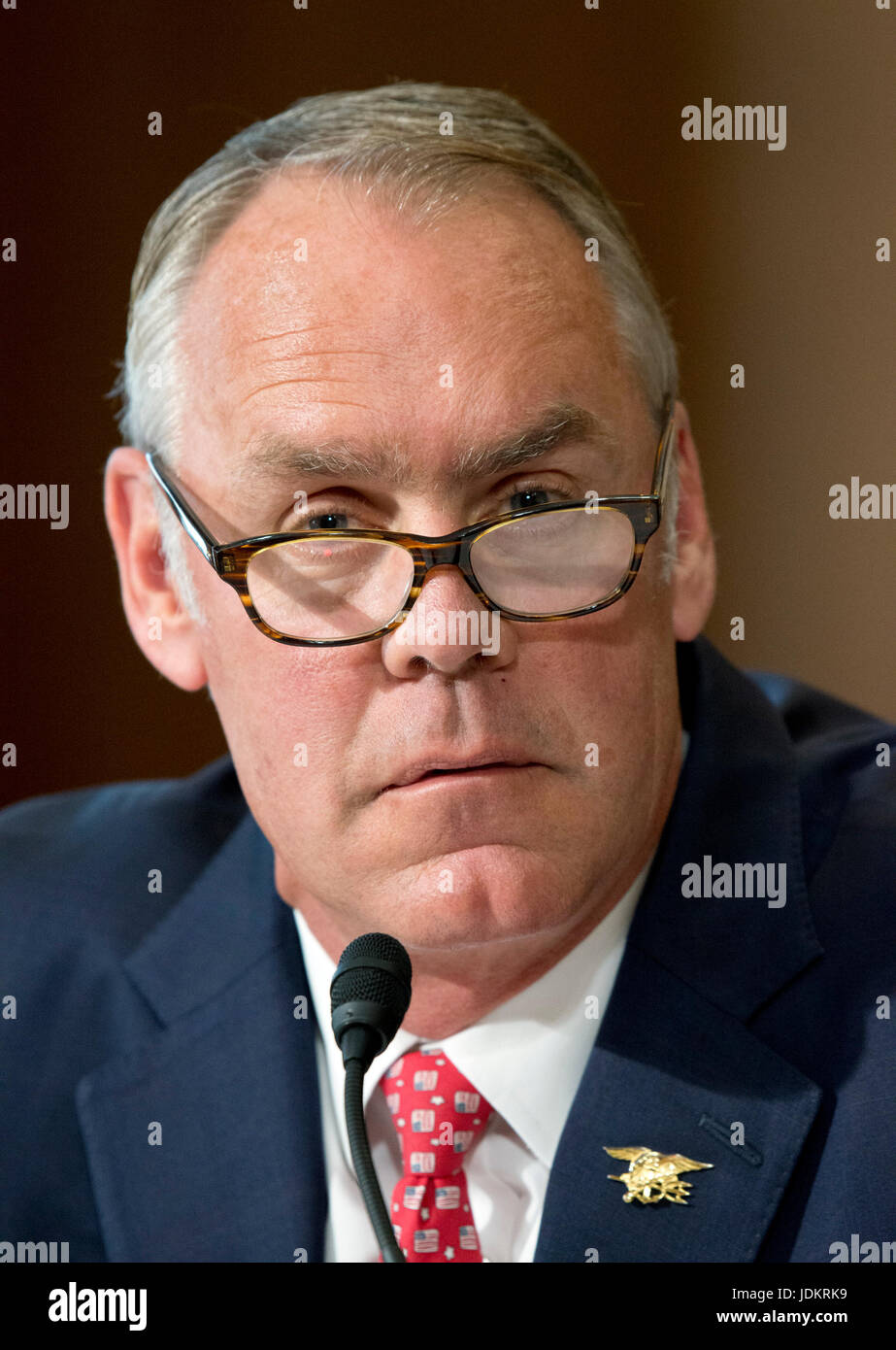 Washington, USA. 20. Juni 2017. Vereinigte Staaten Minister fuer dem inneren Ryan Zinke erscheint vor dem United States Senate Committee on Energie und Ressourcen auf dem Präsidenten Haushaltsantrag für das Departement des Innern Geschäftsjahr bis 2018 auf dem Capitol Hill in Washington, DC am Dienstag, 20. Juni 2017. Bildnachweis: MediaPunch Inc/Alamy Live-Nachrichten Stockfoto