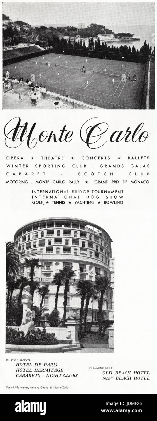 1960er Jahre Werbung Werbung Tourismus in Monte Carlo im Magazin datiert 5. Dezember 1960 Stockfoto