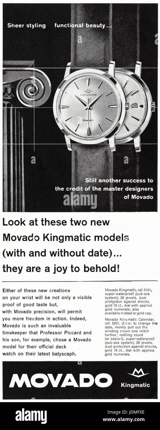 1960er Jahre Werbung Werbung Movado Kingmatic Armbanduhren im Magazin vom 5. Dezember 1960 Stockfoto