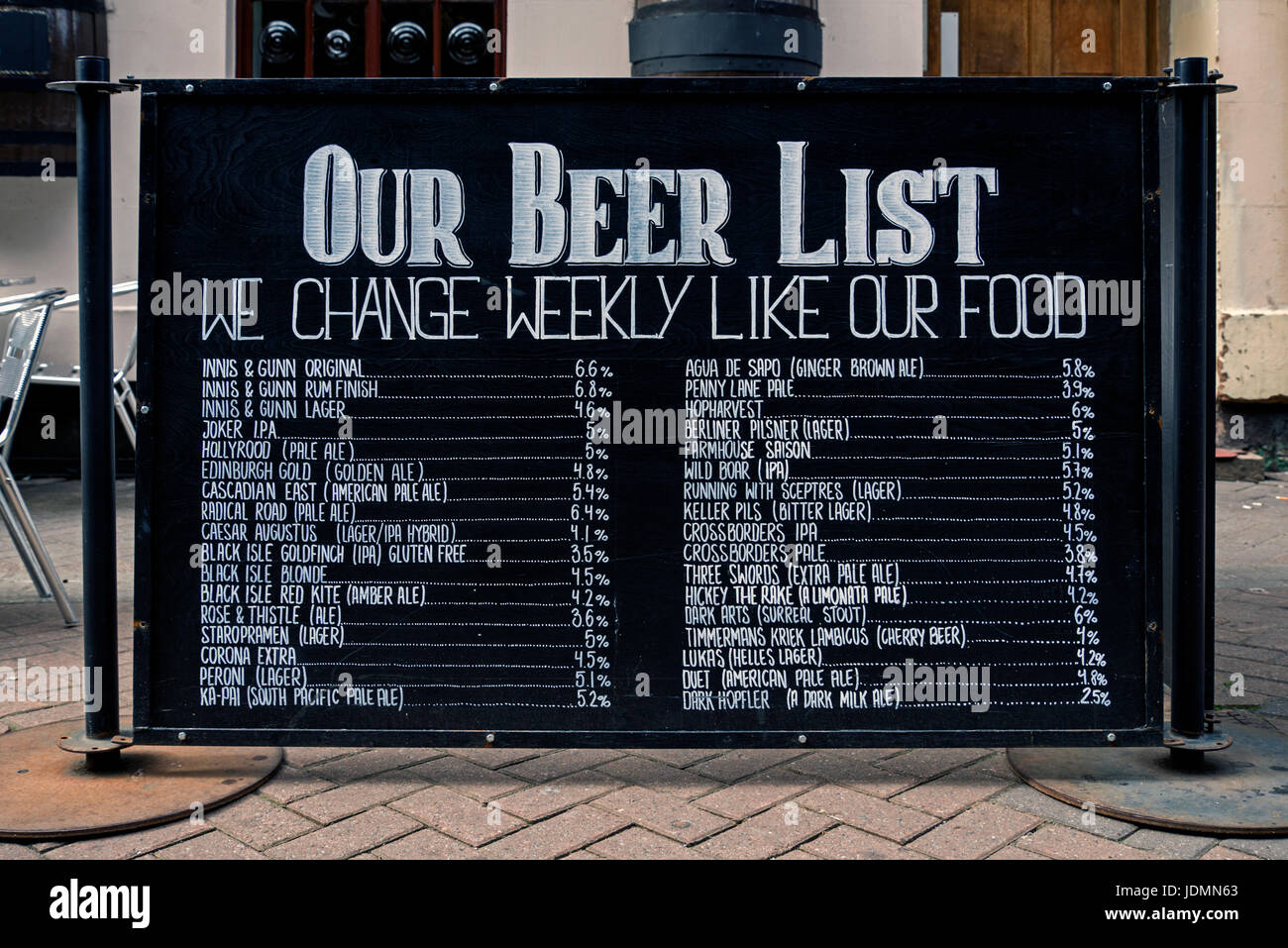 Bier-Liste außerhalb einer öffentlichen Haus im Rose Street, Edinburgh, Schottland, UK. Stockfoto