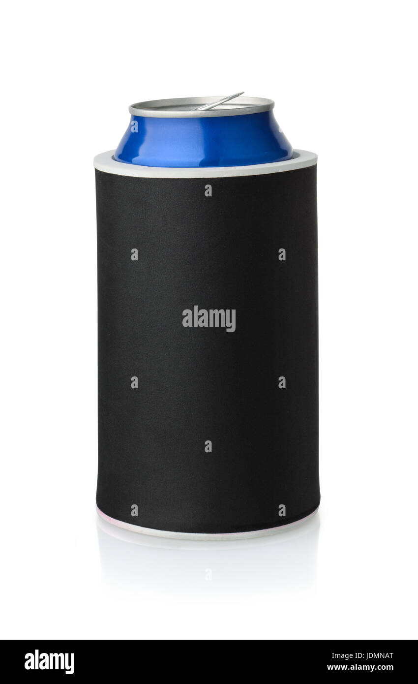 Vorderansicht des schwarzen Neopren Dosenhalter Koozie isoliert auf weiss Stockfoto