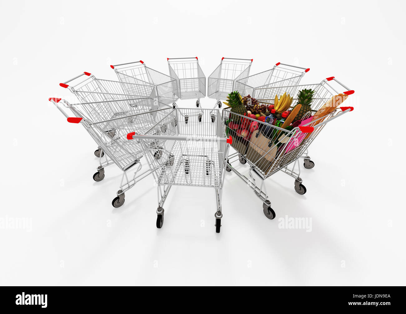 Eine vollständige Warenkorb unter leeren Shopping Carts Stockfoto