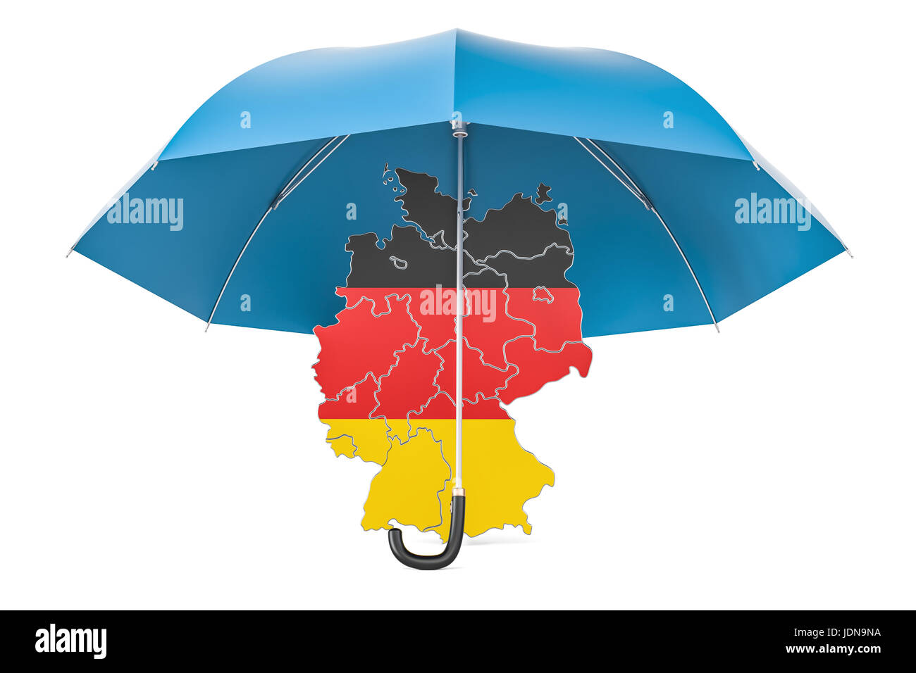Deutsche Karte unter Dach. Sicherheit und Schutz oder Versicherungskonzept, 3D-Rendering isolierten auf weißen Hintergrund Stockfoto