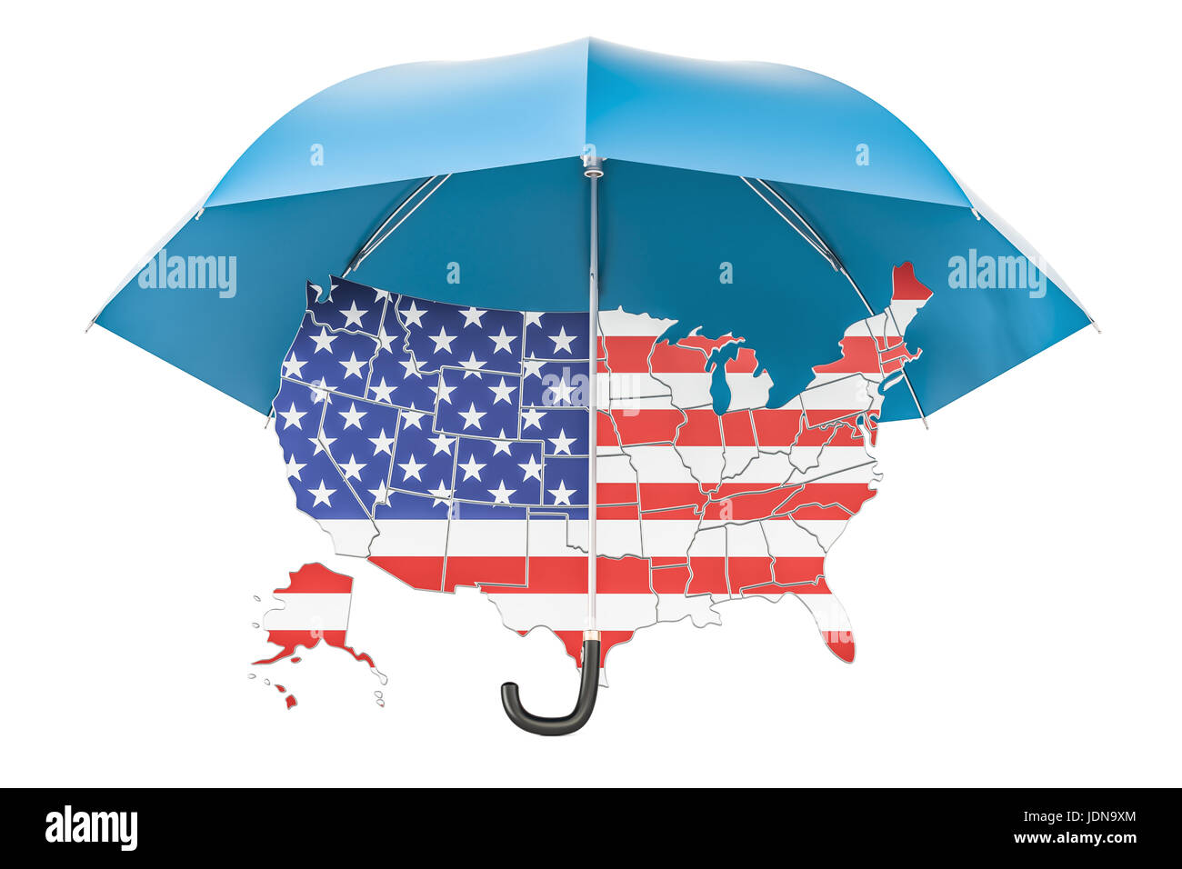 USA-Karte unter Dach. Sicherheit und Schutz oder Versicherungskonzept, 3D-Rendering isolierten auf weißen Hintergrund Stockfoto