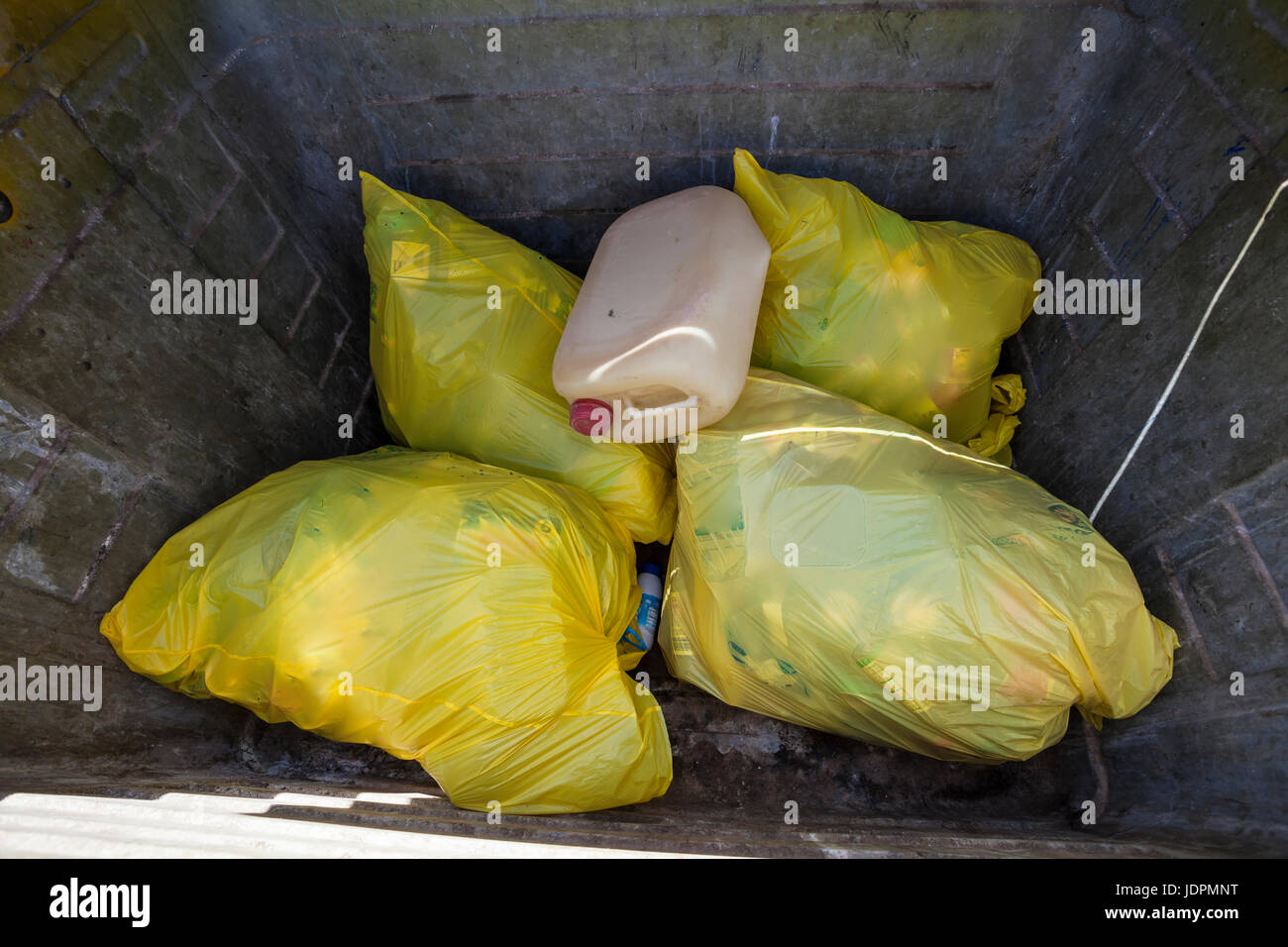Gelbe Müllsäcke in einem Abfallbehälter Stockfoto