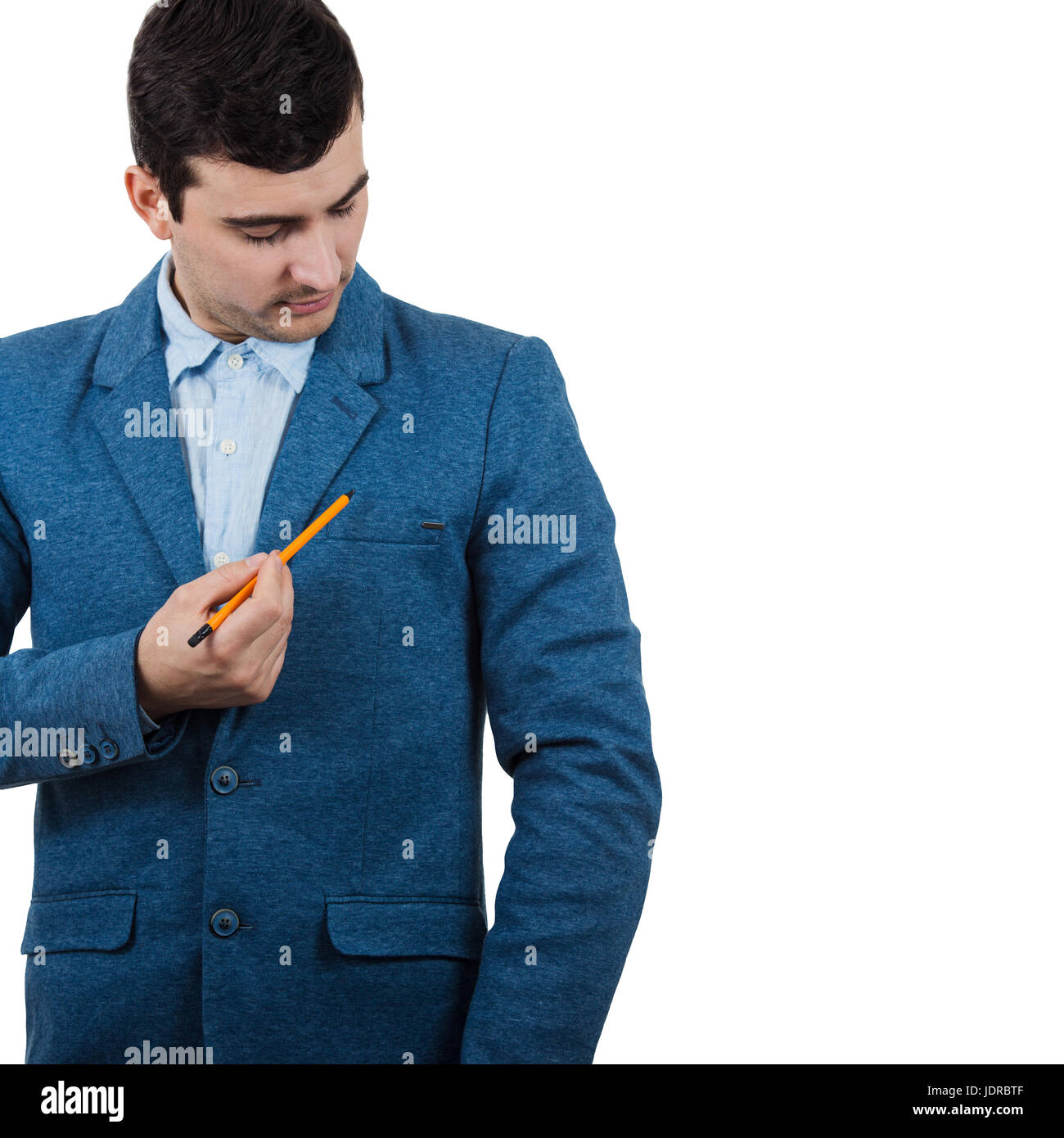 Geschäftsmann, seine Tasche, phantasievolle Zeichnung Bleistift auf. Persönliche Entwicklungskonzept, isoliert auf weißem Hintergrund. Stockfoto